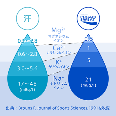 汗 Mg2+マグネシウムイオン 0.3〜2.8 Ca2+カルシウムイオン 0.6〜2.8 K+カリウムイオン 3.0〜5.6 Na+ナトリウムイオン 17〜48(mEq/l) POCARISWEAT Mg2+マグネシウムイオン 0.5 Ca2+カルシウムイオン 1 K+カリウムイオン 5 Na+ナトリウムイオン 21(mEq/l) 出典：Brouns F, Journal of Sports Sciences, 1991を改変