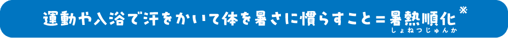 運動や入浴で汗をかいて体を暑さに慣らすこと＝暑熱順化（しょねつじゅんか）