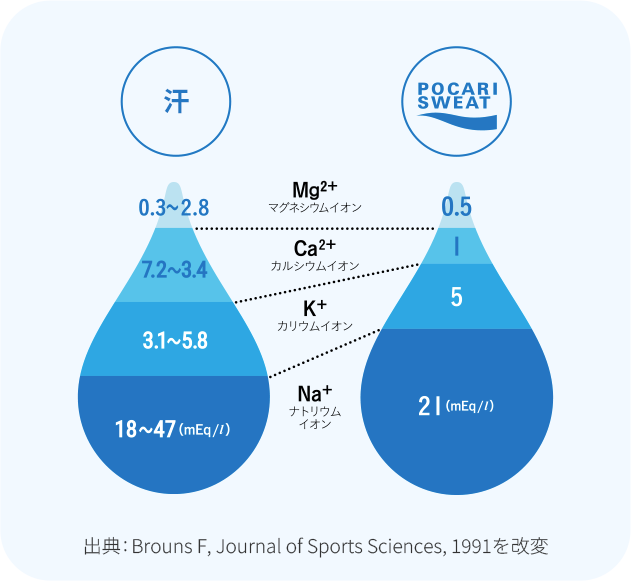 汗 0.3~2.8 マグネシウムイオン 7.2~3.4 カルシウムイオン 3.1~5.8 カリウムイオン 18~47 ナトリウムイオン POCARI SWEAT 0.5 マグネシウムイオン 1 カルシウムイオン 5 カリウムイオン 21 ナトリウムイオン 出典：Brouns F, Journal of Sports Sciences, 1991を改変