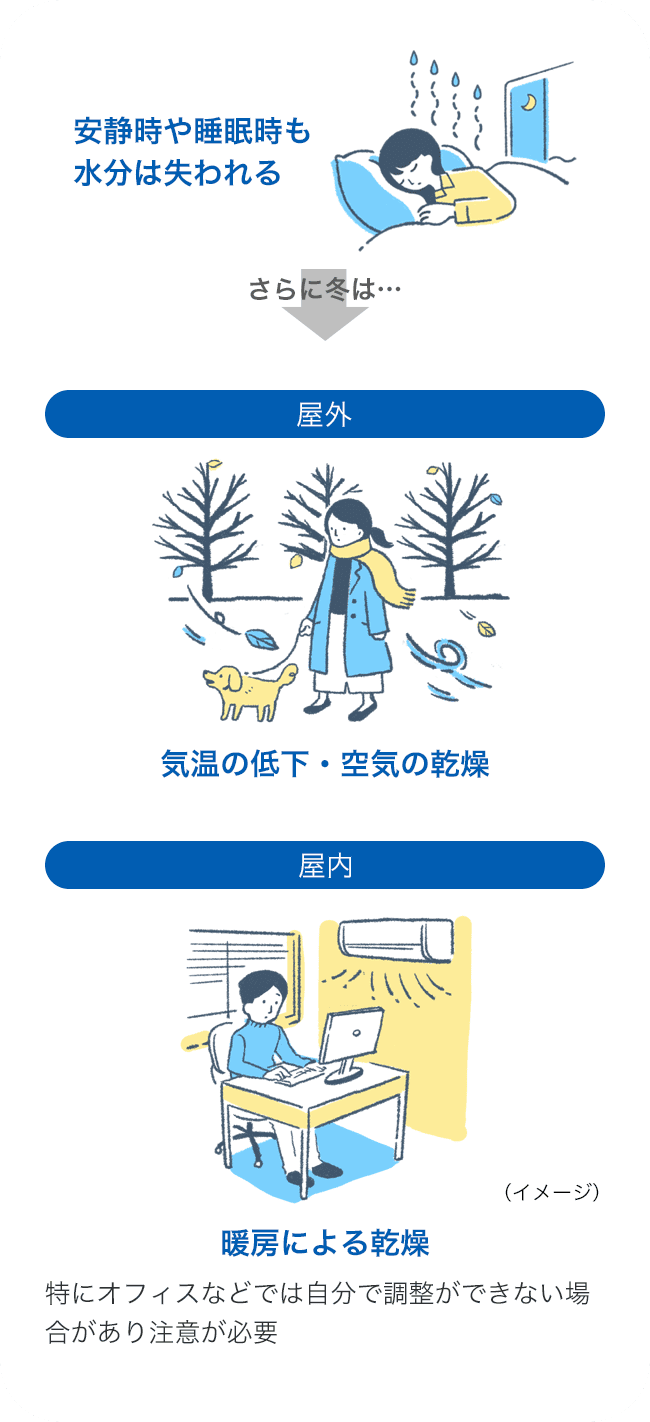 安静時や睡眠時も水分は失われる さらに冬は… 屋外：気温の低下・空気の乾燥 屋内：暖房による乾燥 特にオフィスなどでは自分で調整ができない場合があり注意が必要